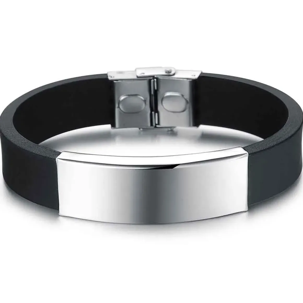 Gummiarmbånd sort med rustfri stål.