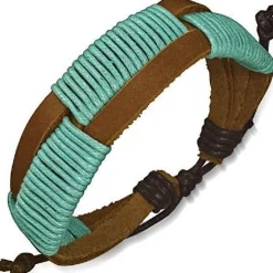 Læderarmbånd med turkis bomulds flet