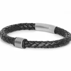 MenX - 8mm sort læderflet armbånd