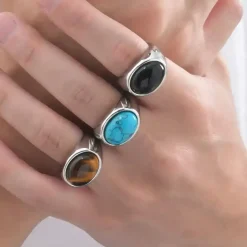 Oval signet med blå lapis og rustfri stål