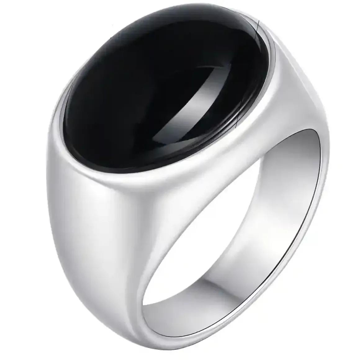 Oval signetring med sort agatsten og stål.