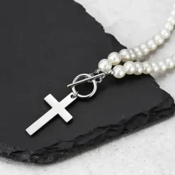 Pearl Cross Necklace – Perlekæde til Mænd i Rustfrit Stål