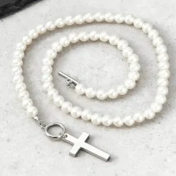 Pearl Cross Necklace – Perlekæde til Mænd i Rustfrit Stål