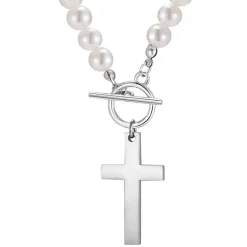 Pearl Cross Necklace – Perlekæde til Mænd i Rustfrit Stål