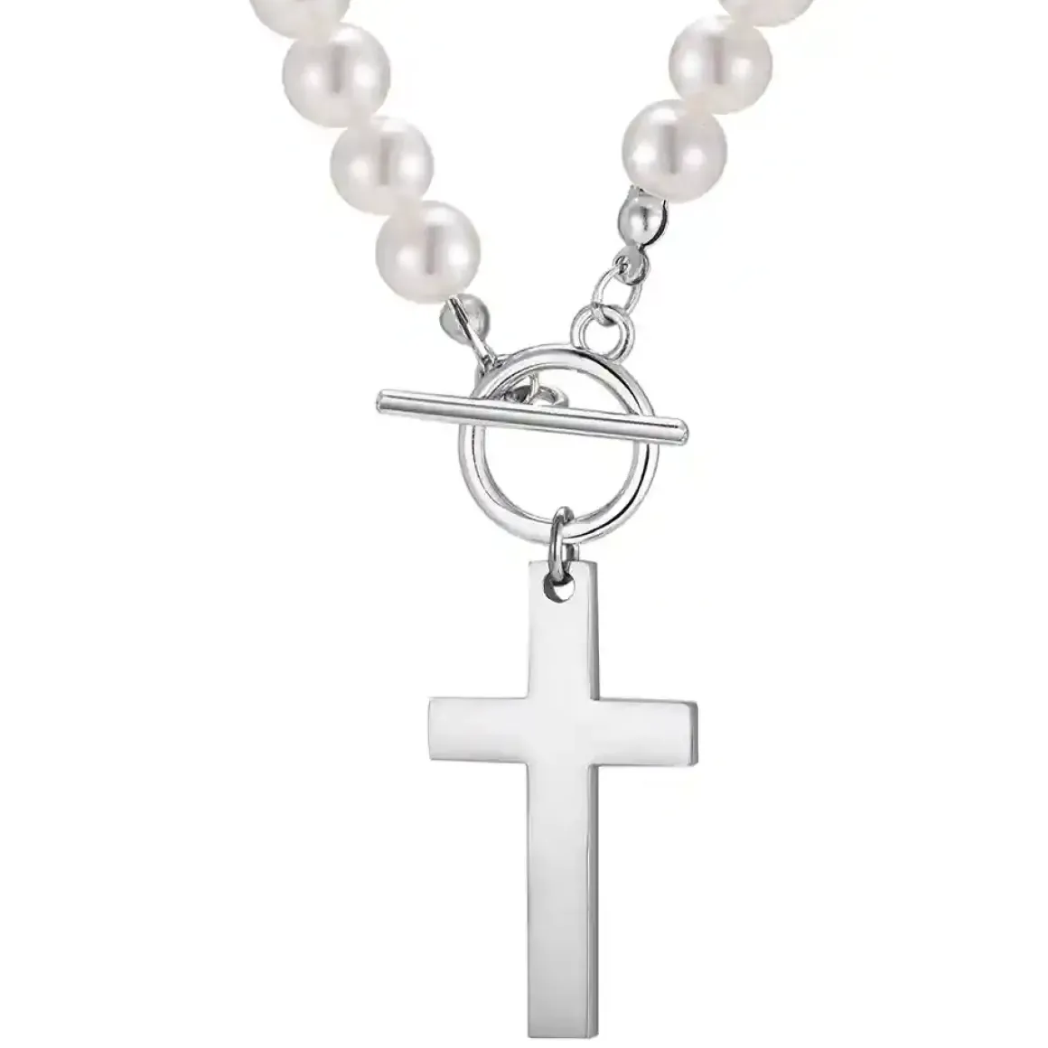 Pearl Cross Necklace – Perlekæde til Mænd i Rustfrit Stål