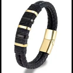 Royal Bolo Duo – Herrearmbånd i Sort Læder & Forgyldt Stål