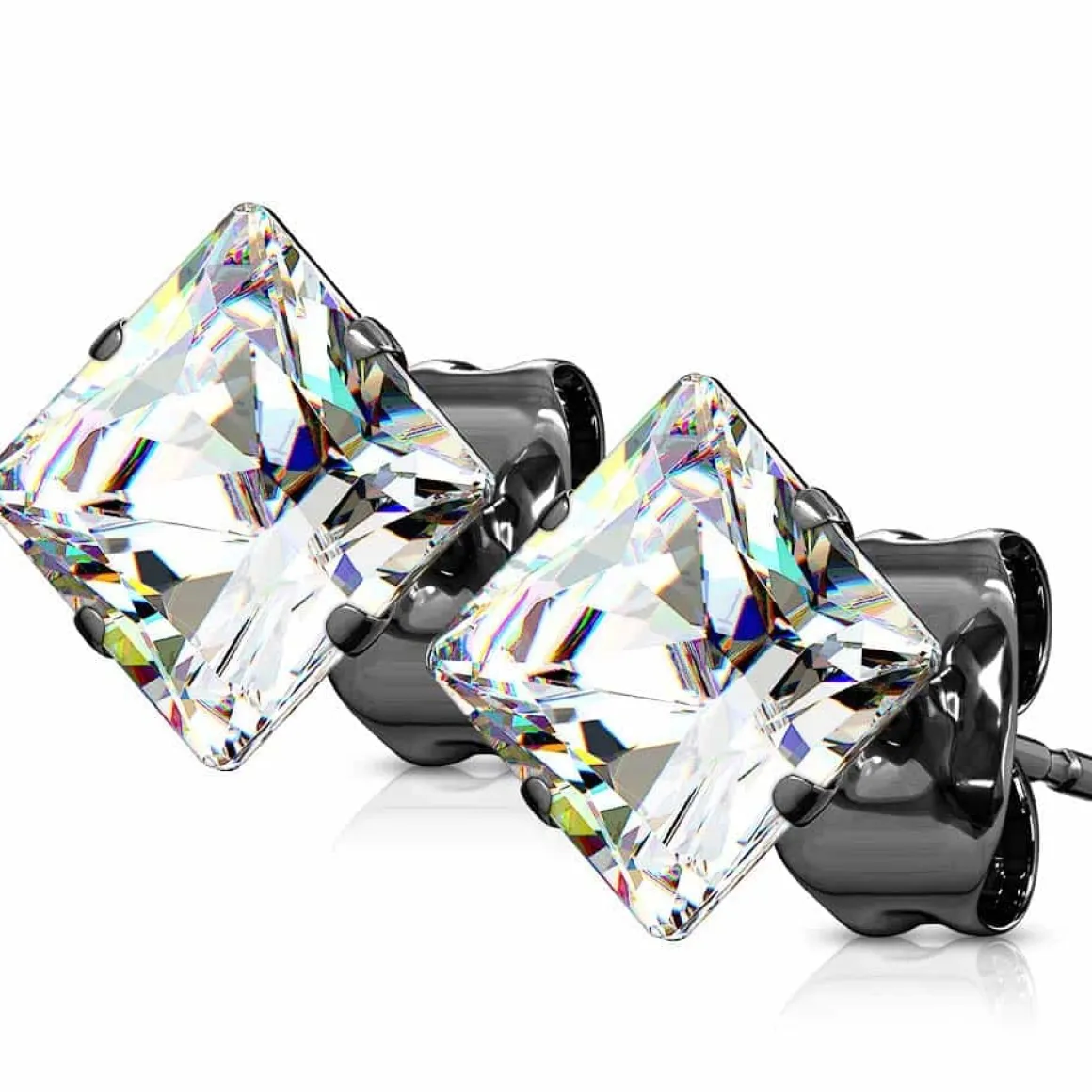 Sort ørestik med CZ 6x6mm "1stk" Achilla