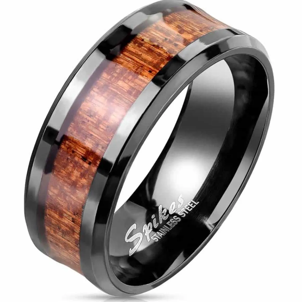 Sort Wood inlay og rustfri stål ring