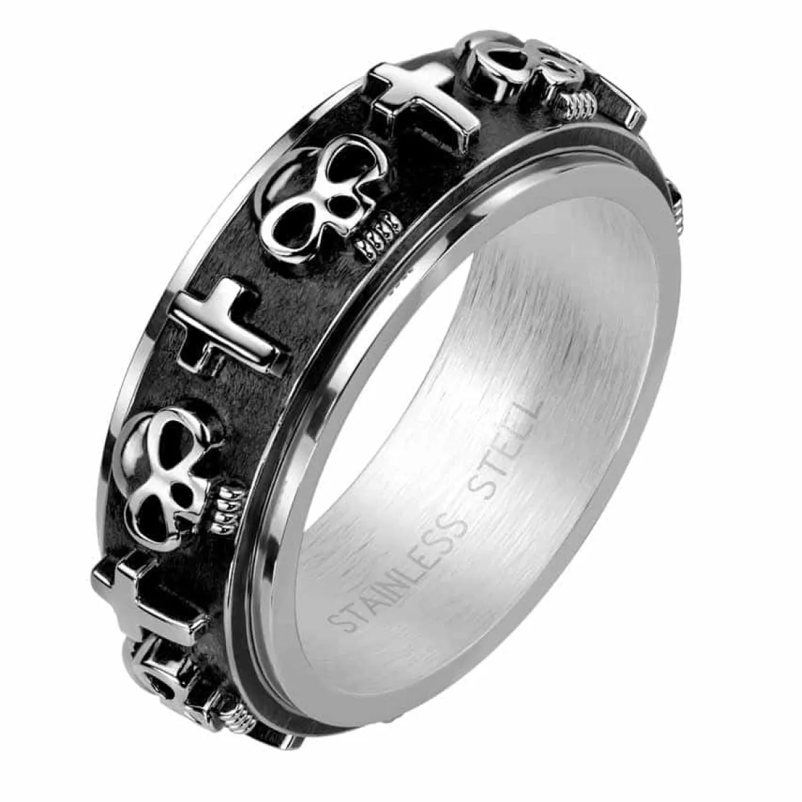 Spinning skullring i rustfri stål.