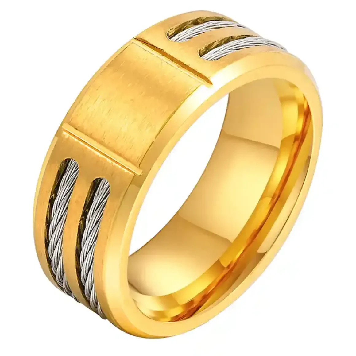 Stålwire designring i forgyldt rustfri stål.