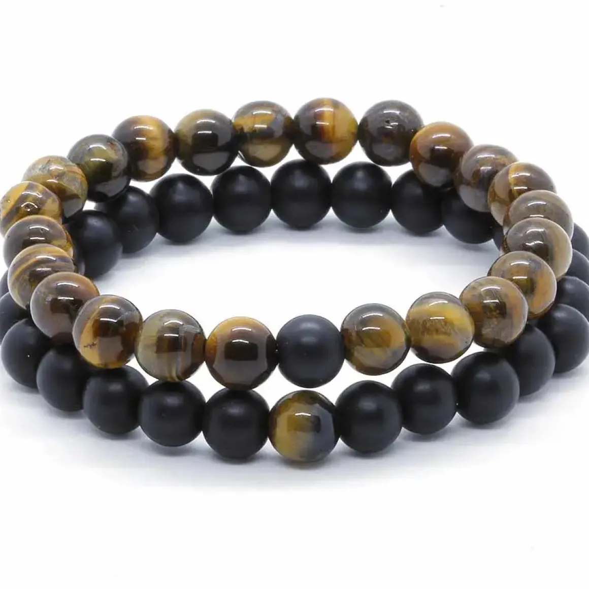 Tigereye og Blackstone perler armbånd 2 stk.