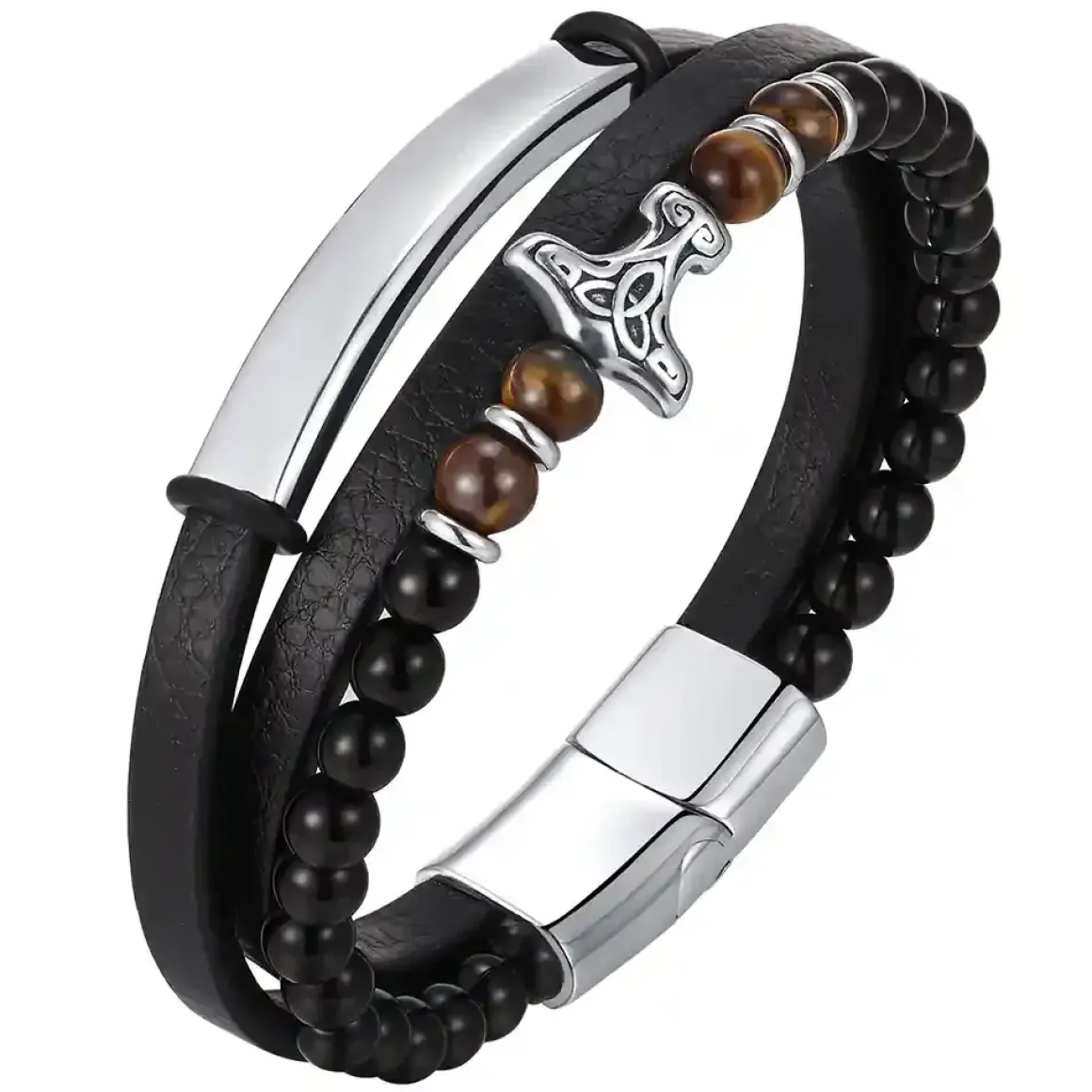 Viking Spirit Armbånd – Sort læder & Tiger Eye perler